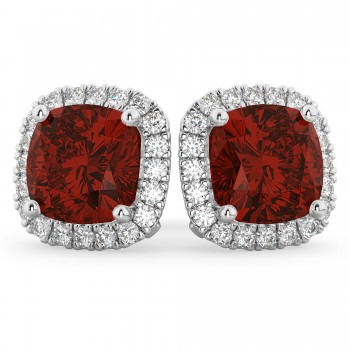 Halo Cushion Garnet & Diamond Earrings 14k White Gold (4.04ct)