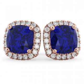 Halo Cushion Lab Blue Sapphire & Diamond Earrings 14k Rose Gold (4.04ct)