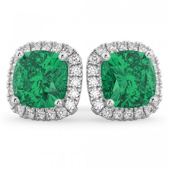 Halo Cushion Lab Emerald & Diamond Earrings 14k White Gold (4.04ct)