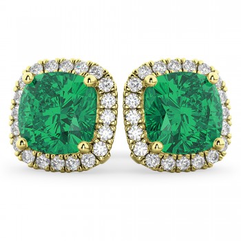 Halo Cushion Lab Emerald & Diamond Earrings 14k Yellow Gold (4.04ct)
