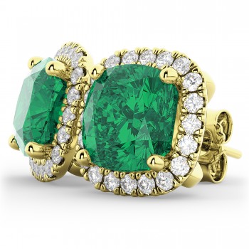 Halo Cushion Lab Emerald & Diamond Earrings 14k Yellow Gold (4.04ct)