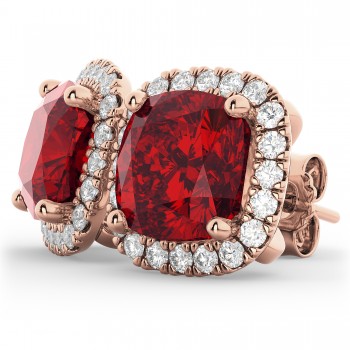 Halo Cushion Lab Ruby & Diamond Earrings 14k Rose Gold (4.04ct)