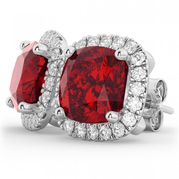 Halo Cushion Lab Ruby & Diamond Earrings 14k White Gold (4.04ct)