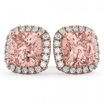 Halo Cushion Morganite & Diamond Earrings 14k Rose Gold (4.04ct)