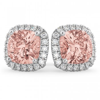 Halo Cushion Morganite & Diamond Earrings 14k White Gold (4.04ct)