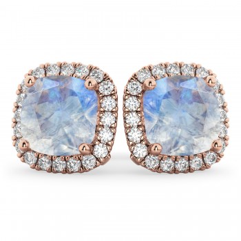 Halo Cushion Moonstone & Diamond Earrings 14k Rose Gold (4.04ct)