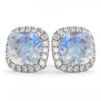 Halo Cushion Moonstone & Diamond Earrings 14k White Gold (4.04ct)