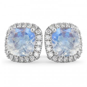 Halo Cushion Moonstone & Diamond Earrings 14k White Gold (4.04ct)