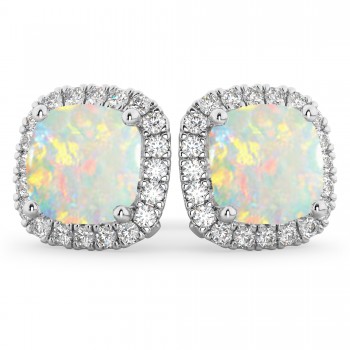 Halo Cushion Opal & Diamond Earrings 14k White Gold (4.04ct)