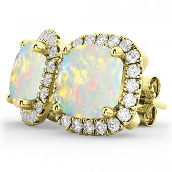 Halo Cushion Opal & Diamond Earrings 14k Yellow Gold (4.04ct)