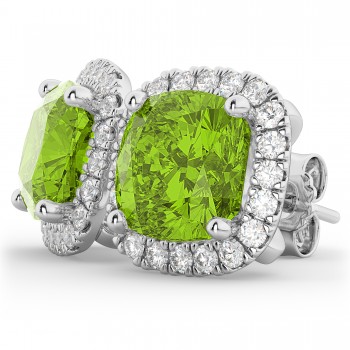 Halo Cushion Peridot & Diamond Earrings 14k White Gold (4.04ct)