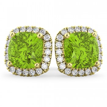 Halo Cushion Peridot & Diamond Earrings 14k Yellow Gold (4.04ct)