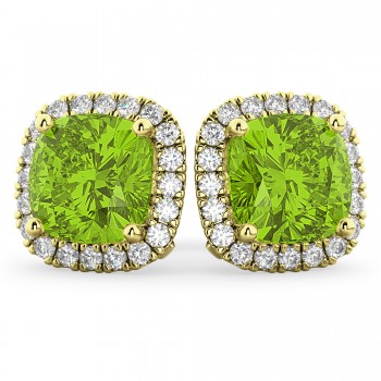 Halo Cushion Peridot & Diamond Earrings 14k Yellow Gold (4.04ct)