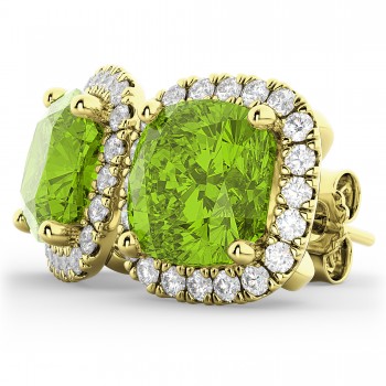 Halo Cushion Peridot & Diamond Earrings 14k Yellow Gold (4.04ct)