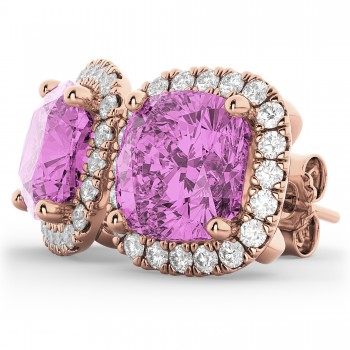Halo Cushion Pink Sapphire & Diamond Earrings 14k Rose Gold (4.04ct)