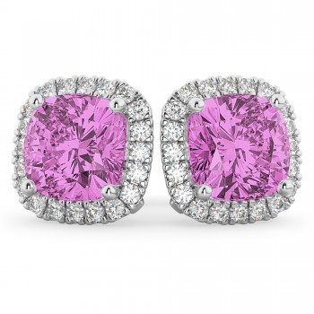 Halo Cushion Pink Sapphire & Diamond Earrings 14k White Gold (4.04ct)