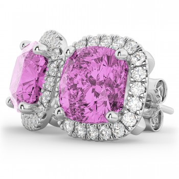 Halo Cushion Pink Sapphire & Diamond Earrings 14k White Gold (4.04ct)