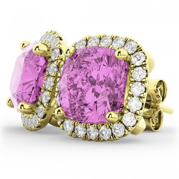 Halo Cushion Pink Sapphire & Diamond Earrings 14k Yellow Gold (4.04ct)