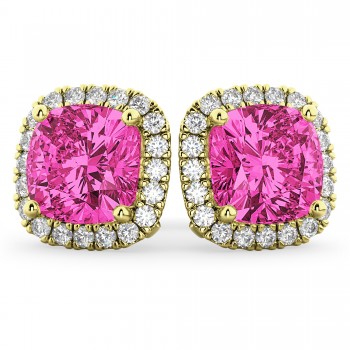 Halo Cushion Pink Tourmaline & Diamond Earrings 14k Yellow Gold (4.04ct)