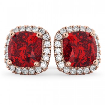 Halo Cushion Ruby & Diamond Earrings 14k Rose Gold (4.04ct)