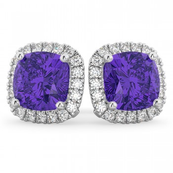 Halo Cushion Tanzanite & Diamond Earrings 14k White Gold (4.04ct)