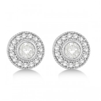 Vintage Diamond Halo Stud Earrings Bezel Set 14k White Gold (0.77ct)
