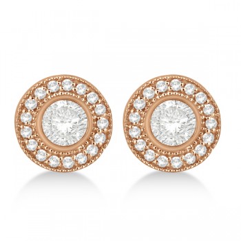 Vintage Style Diamond Halo Earrings Bezel Studs 14k Rose Gold (1.31ct)