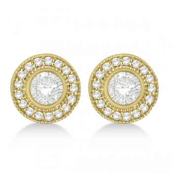 Vintage Style Diamond Halo Earrings Bezel Studs 14k Yellow Gold 1.31ct