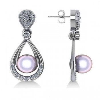 Pearl & Diamond Tear Drop Earrings 14k White Gold (0.39ct)