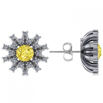 Yellow Diamond & Diamond Sunburst Earrings 14k White Gold (1.40ct)