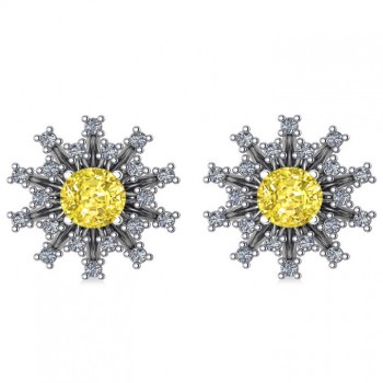 Yellow Diamond & Diamond Sunburst Earrings 14k White Gold (1.40ct)