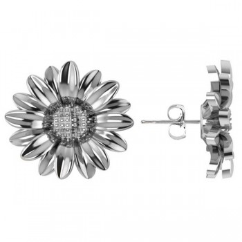 Multilayered Daisy Flower Stud Earrings 14K White Gold