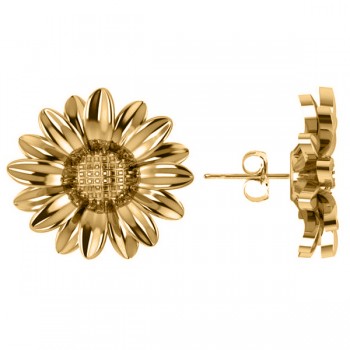 Multilayered Daisy Flower Stud Earrings 14K Yellow Gold