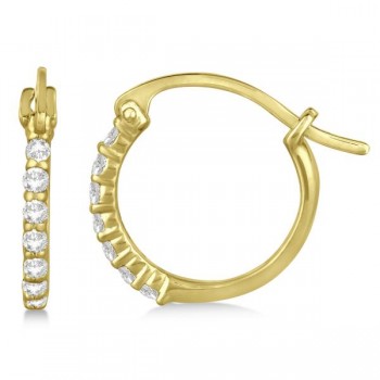 Genuine Diamond Petite Hoop Earrings Pave Set 14k Yellow Gold 0.15ct