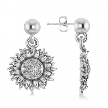 Diamond Sunflower Dangling Earrings 14k White Gold (0.14ct)