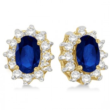 Oval Lab Grown Blue Sapphire & Diamond Accents Earrings 14k Yellow Gold (2.05ct)