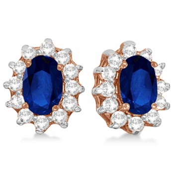 Oval Lab Grown Blue Sapphire & Diamond Accents Earrings 14k Rose Gold (2.05ct)