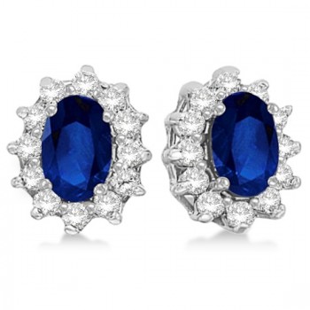 Oval Lab Grown Blue Sapphire & Diamond Earrings 14k White Gold (2.05ct)