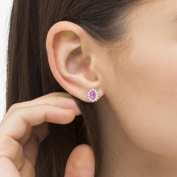 Oval Lab Grown Pink Sapphire & Diamond Earrings 14k White Gold (2.05ct)