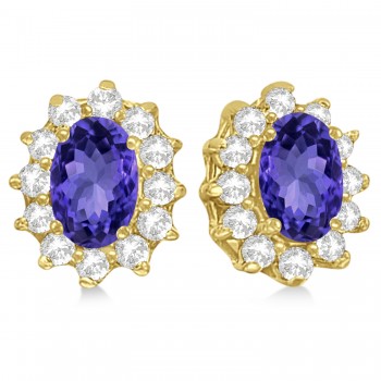 Oval Lab Grown Tanzanite & Diamond Earrings 14k Yellow Gold (2.05ct)