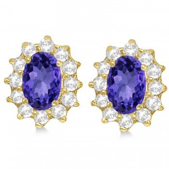 Oval Lab Grown Tanzanite & Diamond Earrings 14k Yellow Gold (2.05ct)