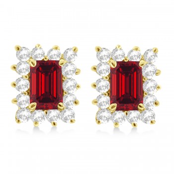 Emerald-Cut Ruby & Diamond Stud Earrings 14k Yellow Gold (1.80ctw)