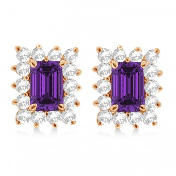 Emerald-Cut Amethyst & Diamond Stud Earrings 14k Rose Gold (1.80ctw)