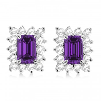 Emerald-Cut Amethyst & Diamond Stud Earrings 14k White Gold (1.80ctw)