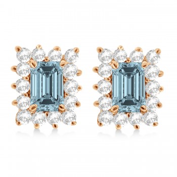 Emerald-Cut Aquamarine & Diamond Stud Earrings 14k Rose Gold (1.80ctw)