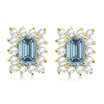 Emerald-Cut Aquamarine & Diamond Stud Earrings 14k Yellow Gold (1.80ctw)