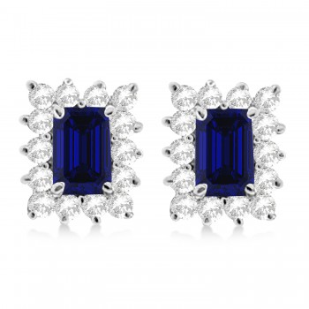 Emerald-Cut Sapphire & Diamond Stud Earrings 14k White Gold (1.80ctw)