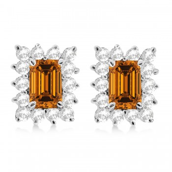 Emerald-Cut Citrine & Diamond Stud Earrings 14k White Gold (1.80ctw)