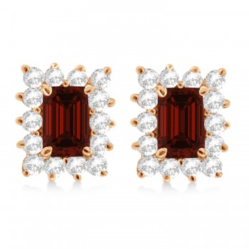 Emerald-Cut Garnet & Diamond Stud Earrings 14k Rose Gold (1.80ctw)