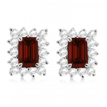 Emerald-Cut Garnet & Diamond Stud Earrings 14k White Gold (1.80ctw)